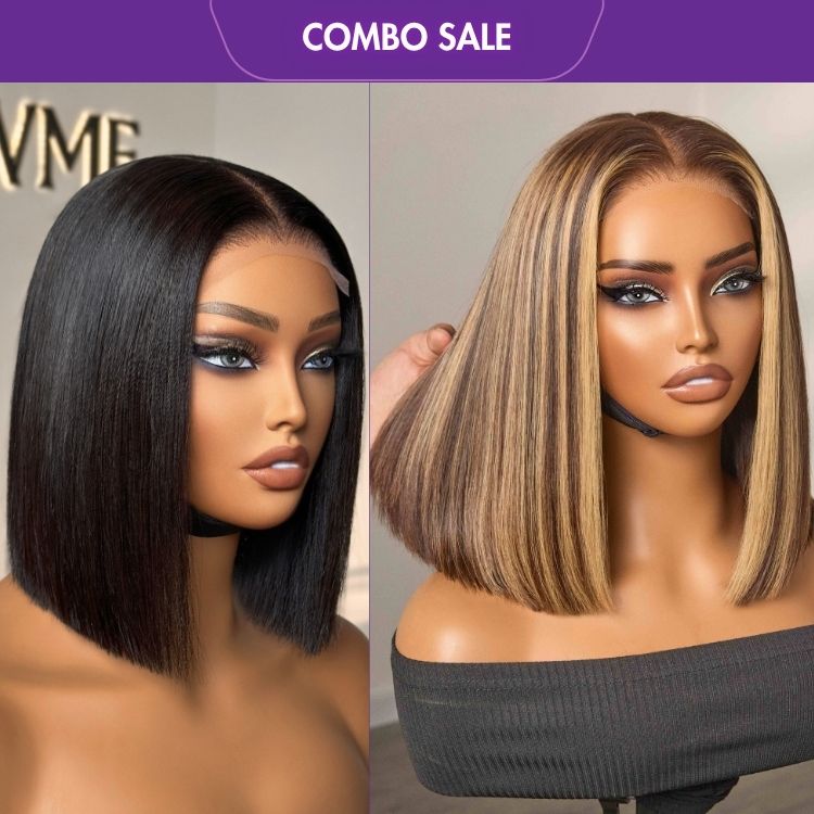 2 For 1 | 4x4 Lace Blunt Cut Bob Wig Bone Straight+Honey Blonde Highlight 200% Density ReadytoGo Super Double Drawn 4x4 Lace Wig