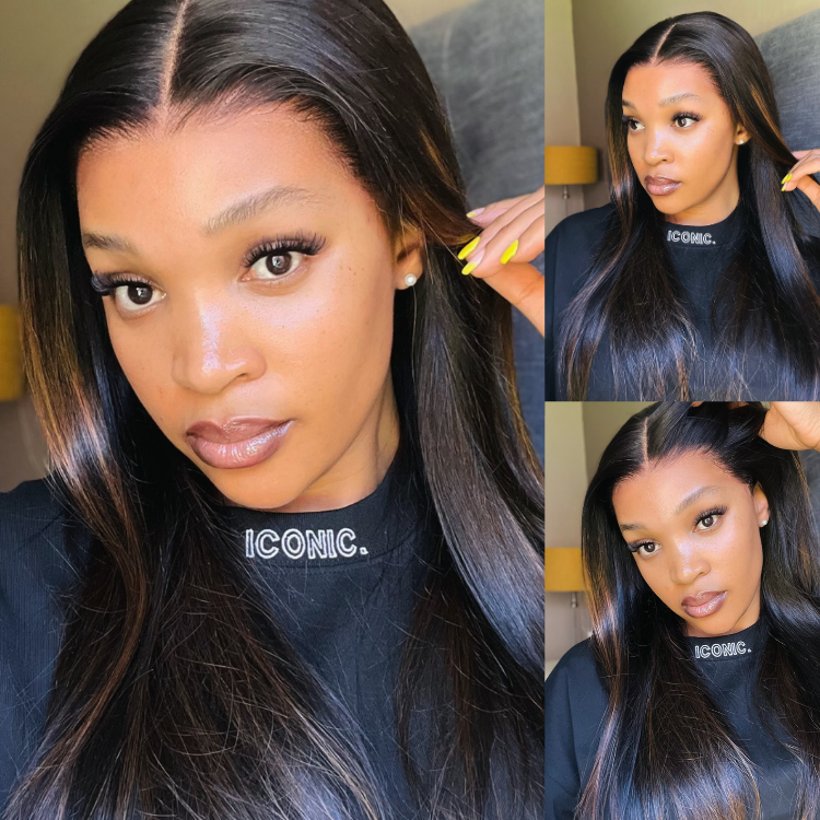 [_zeey_m]'s Special Link PreMax Wigs | Ultra Natural Hairline Brown Highlight & Natural Black Silky Straight Glueless 13x4 Frontal Lace Long Wig Pre-Cut Lace