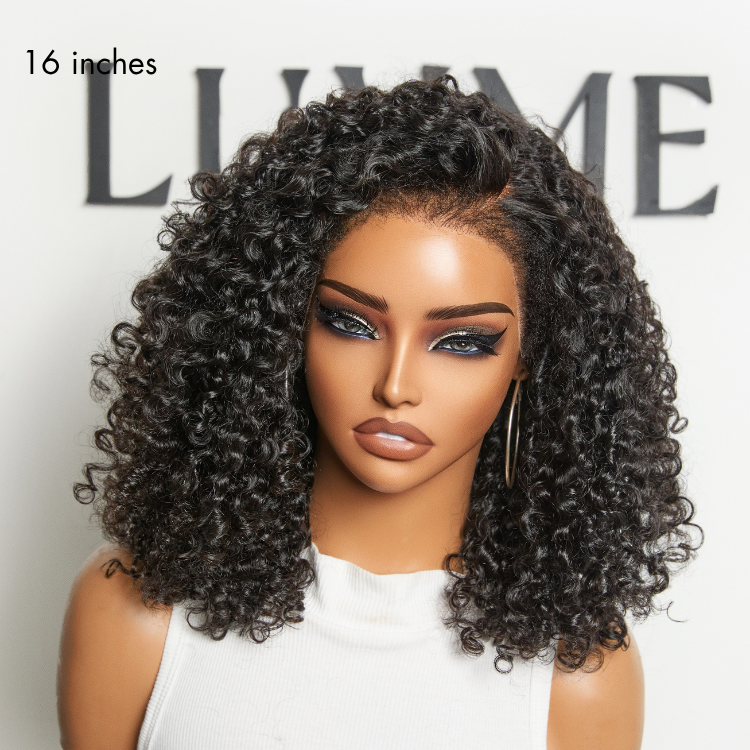 OUTLET | 180% Density 4C Kinky Edges Jet Black Burmese Curly Glueless Ear-to-ear Wide T Pre-Cut Lace Front Wig Flexi-Fit Drawstring Cap