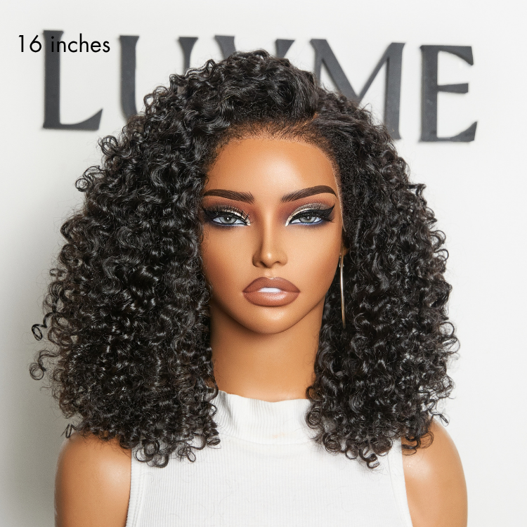 OUTLET | 180% Density 4C Kinky Edges Jet Black Burmese Curly Glueless Ear-to-ear Wide T Pre-Cut Lace Front Wig Flexi-Fit Drawstring Cap