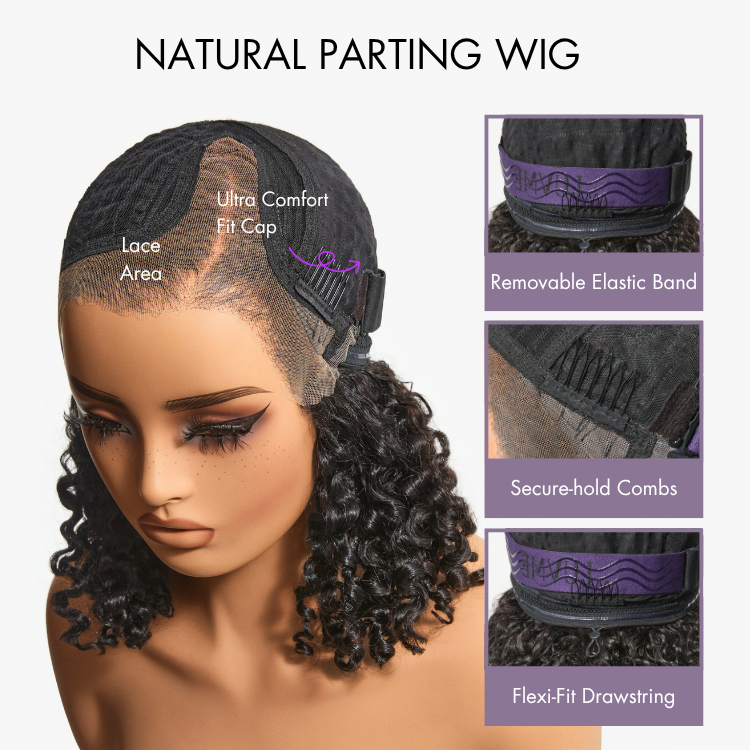 OUTLET | 180% Density 4C Kinky Edges Jet Black Burmese Curly Glueless Ear-to-ear Wide T Pre-Cut Lace Front Wig Flexi-Fit Drawstring Cap