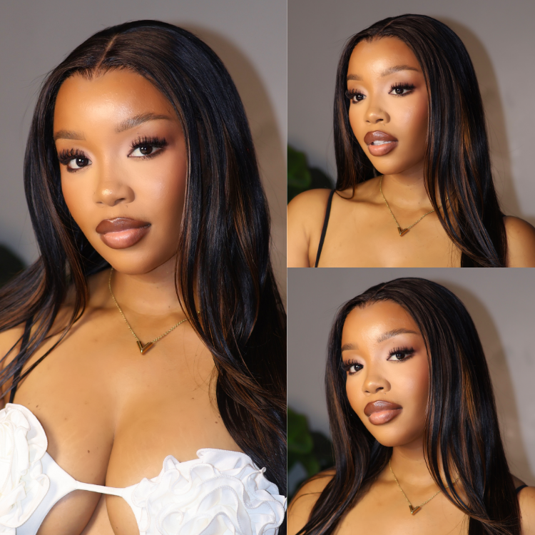 [mbalimkh_]'s Special Link PreMax Wigs | Ultra Natural Hairline Brown Highlight & Natural Black Silky Straight Glueless 13x4 Frontal Lace Long Wig Pre-Cut Lace