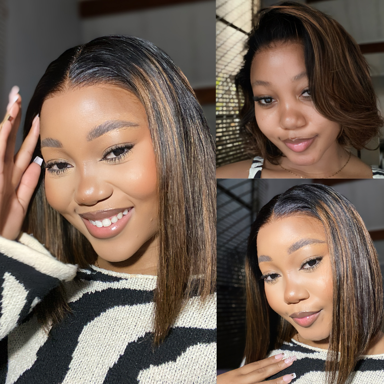 [ssihle.m]'s Special Link PreMax Wigs | Brown Highlight Silky Blunt Cut Bob Glueless Lace Wig With Pre-Bleached Pre-Plucked Pre-Cut Lace