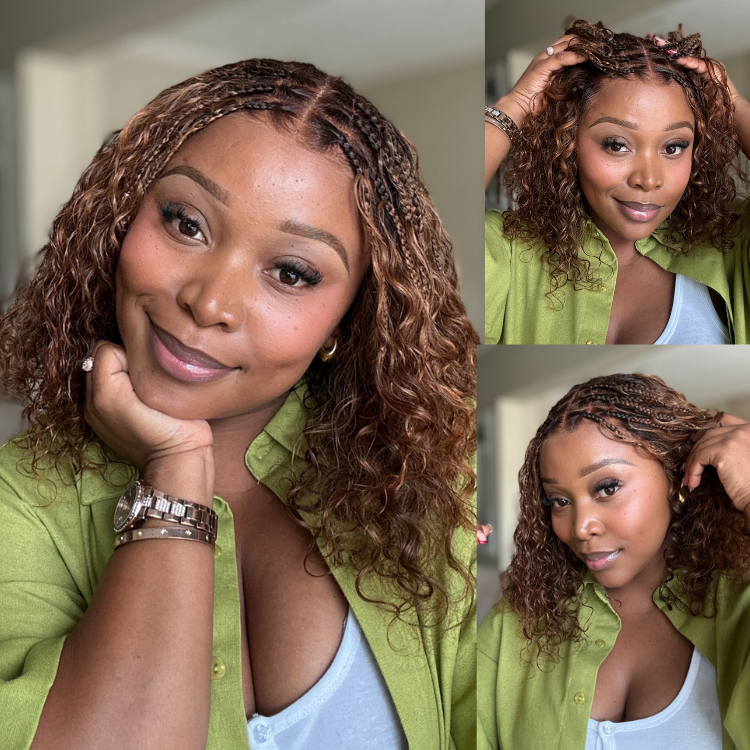 [onela_sigobelwana]'s Special Link Ombre Brown Highlight Boho Braids Deep Curly Glueless 5x5 Closure Pre-Cut Lace Short Curly Wig 100% Human Hair
