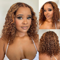 [lihleem_]'s Special Link Ombre Brown Highlight Boho Braids Deep Curly Glueless 5x5 Closure Pre-Cut Lace Short Curly Wig 100% Human Hair