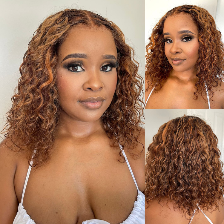 [lihleem_]'s Special Link Ombre Brown Highlight Boho Braids Deep Curly Glueless 5x5 Closure Pre-Cut Lace Short Curly Wig 100% Human Hair