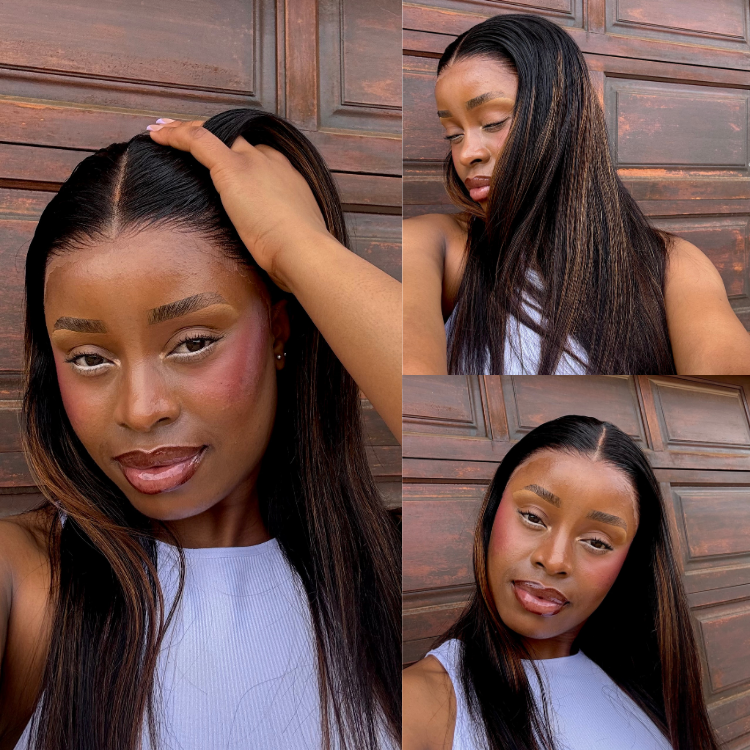 PreMax Wigs | Ultra Natural Hairline Brown Highlight & Natural Black Silky Straight Glueless 13x4 Frontal Lace Long Wig Pre-Cut Lace