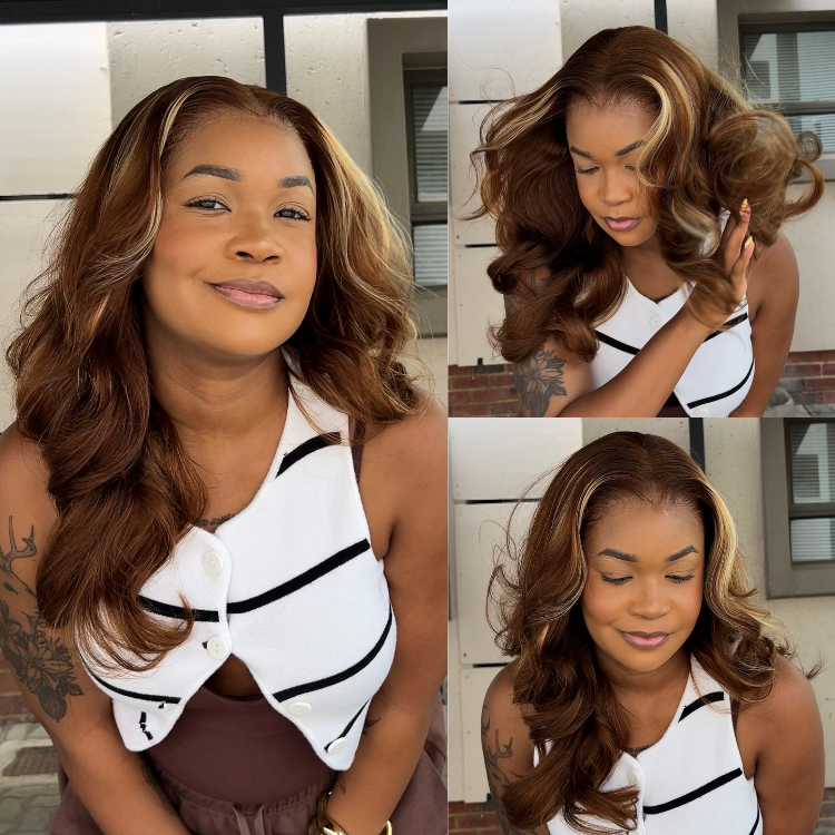 [quvie_m]'s Special Link PreMax Blonde Highlight Layered Body Wave Glueless 13x4 Frontal Lace Long Wig Human Hair Pre-Cut Lace