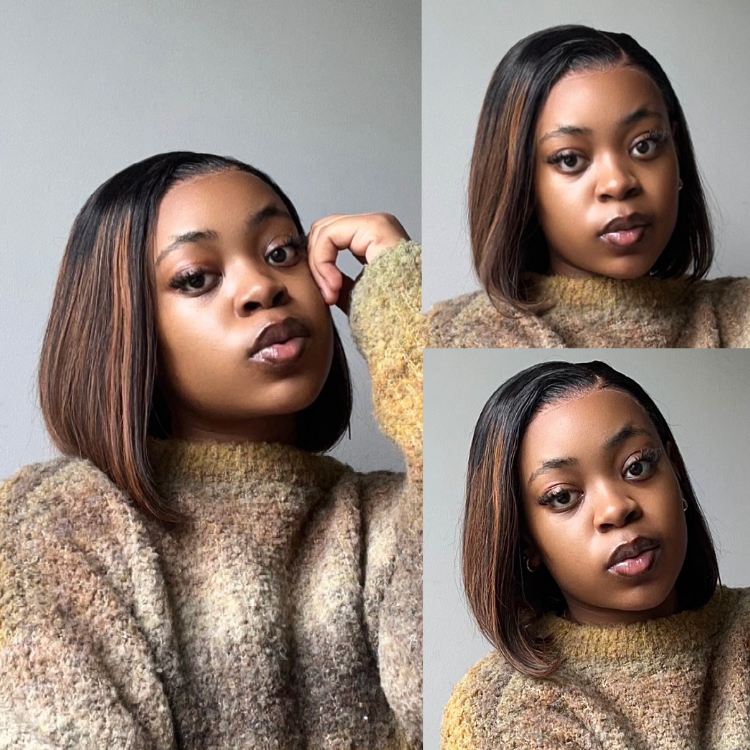 [innocentiam]'s Special Link PreMax Wigs | Brown Highlight Silky Blunt Cut Bob Glueless Lace Wig With Pre-Bleached Pre-Plucked Pre-Cut Lace