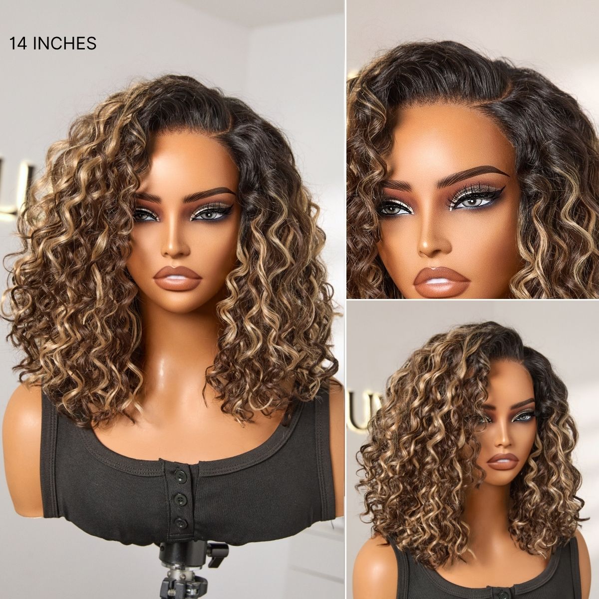 Ready to Go Blonde Highlight / Natural Black Water Wave Short Curly Bob Wig Glueless Minimalist HD Lace Wig Pre-Cut Lace