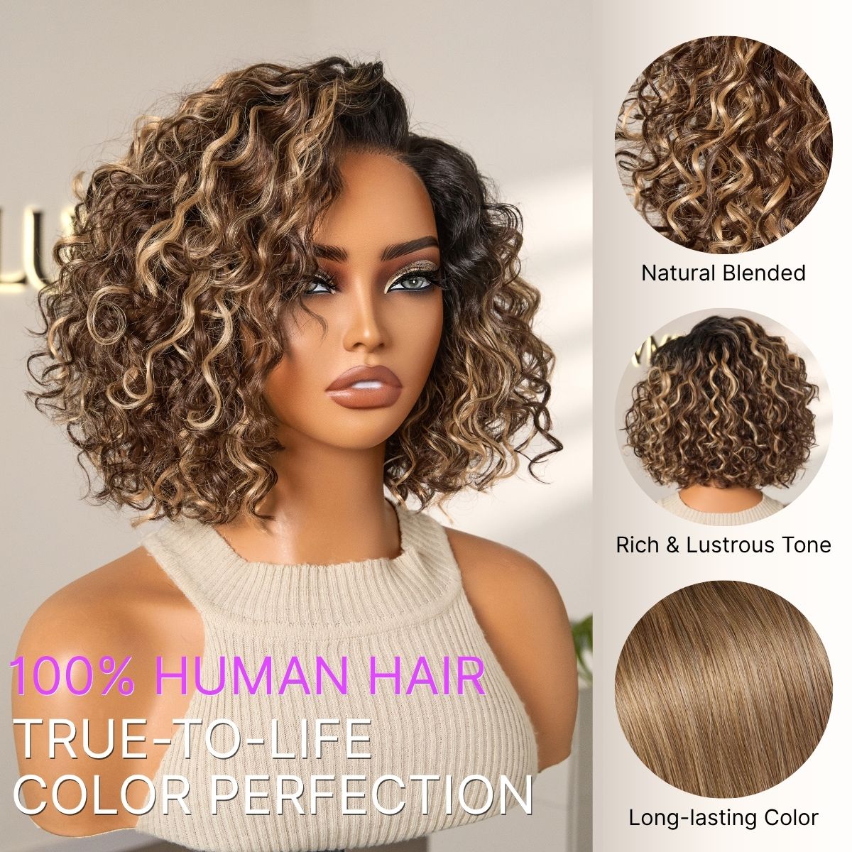 Ready to Go Blonde Highlight / Natural Black Water Wave Short Curly Bob Wig Glueless Minimalist HD Lace Wig Pre-Cut Lace
