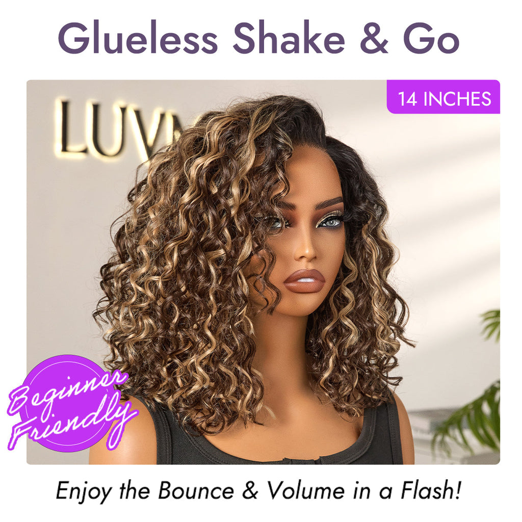 Ready to Go Blonde Highlight / Natural Black Water Wave Short Curly Bob Wig Glueless Minimalist HD Lace Wig Pre-Cut Lace