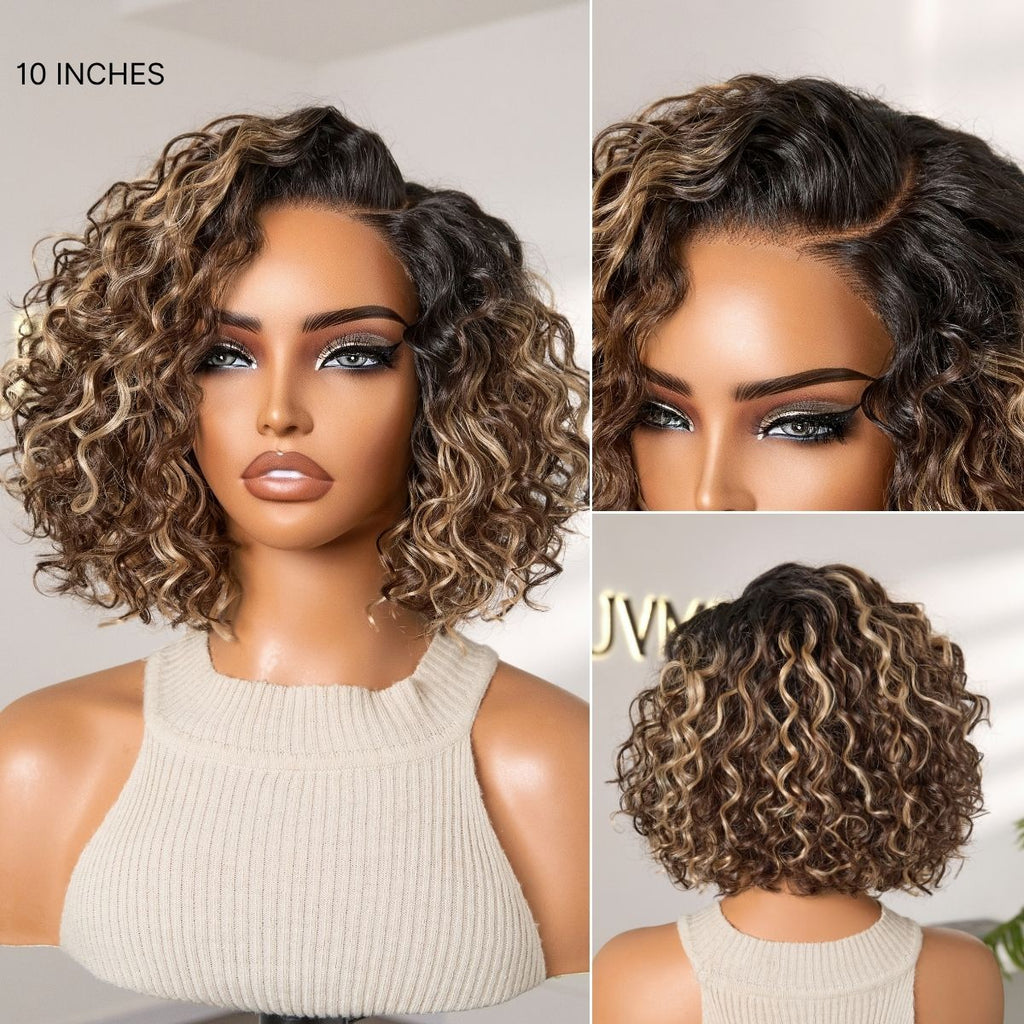 Ready to Go Blonde Highlight / Natural Black Water Wave Short Curly Bob Wig Glueless Minimalist HD Lace Wig Pre-Cut Lace
