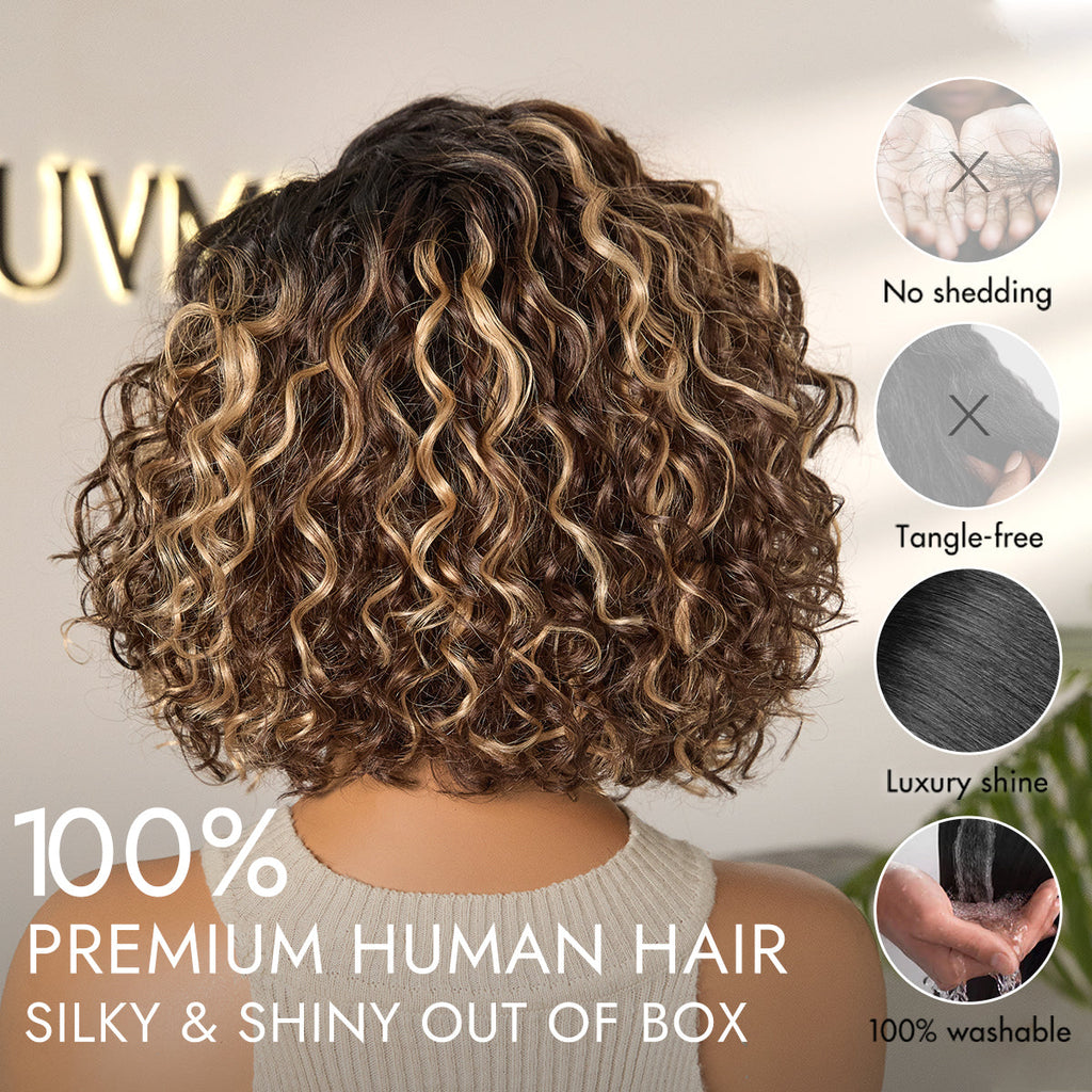 Ready to Go Blonde Highlight / Natural Black Water Wave Short Curly Bob Wig Glueless Minimalist HD Lace Wig Pre-Cut Lace