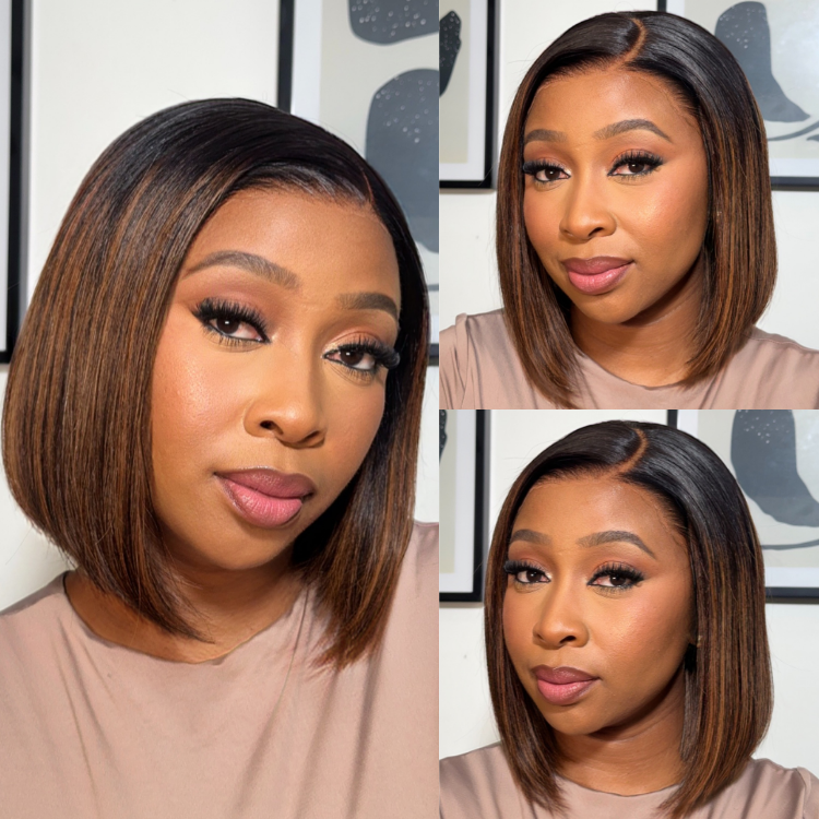 [lulunyalunga]'s Special Link PreMax Wigs | Brown Highlight Silky Blunt Cut Bob Glueless Lace Wig With Pre-Bleached Pre-Plucked Pre-Cut Lace