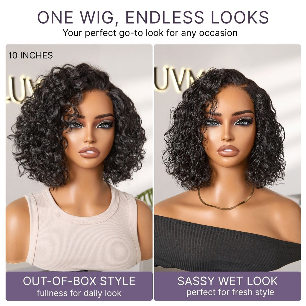 Ready to Go Blonde Highlight / Natural Black Water Wave Short Curly Bob Wig Glueless Minimalist HD Lace Wig Pre-Cut Lace