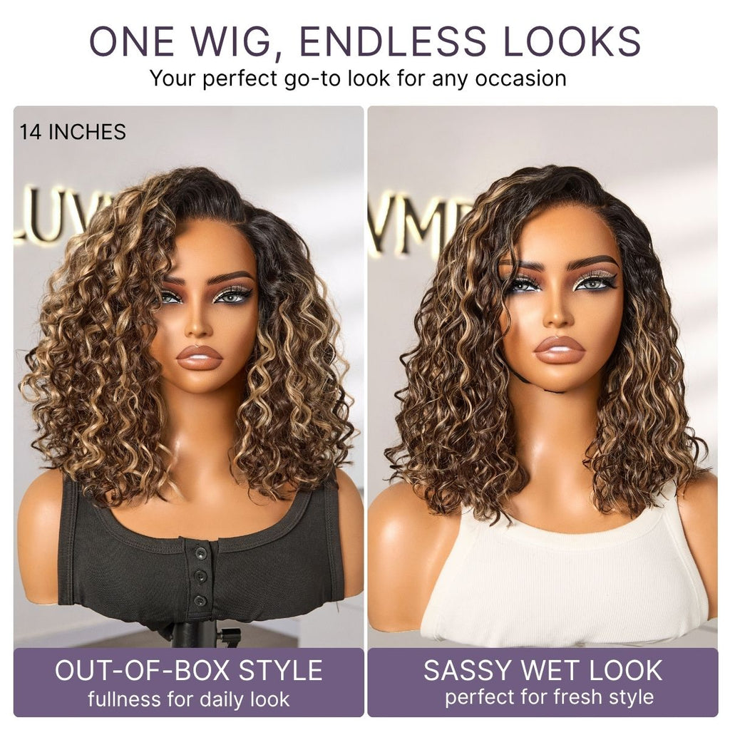 Ready to Go Blonde Highlight / Natural Black Water Wave Short Curly Bob Wig Glueless Minimalist HD Lace Wig Pre-Cut Lace
