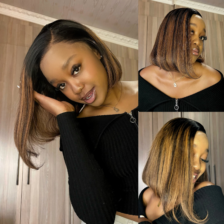 [q.ueen.eth]'s Special Link PreMax Wigs | Brown Highlight Silky Blunt Cut Bob Glueless Lace Wig With Pre-Bleached Pre-Plucked Pre-Cut Lace