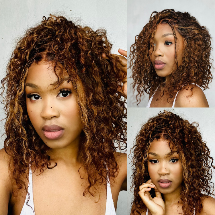 [zoe_mbokazi]'s Special Link Ombre Brown Highlight Boho Braids Deep Curly Glueless 5x5 Closure Pre-Cut Lace Short Curly Wig 100% Human Hair