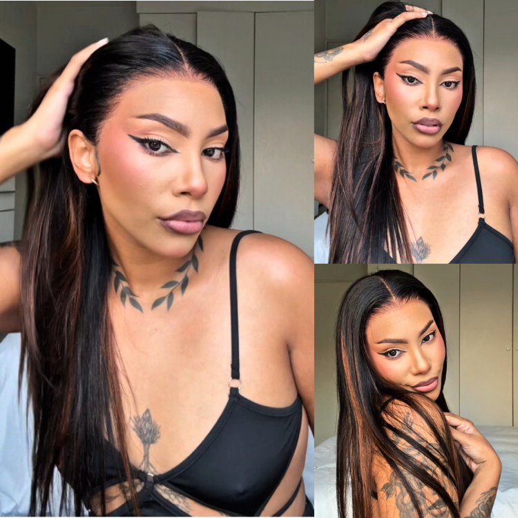 [kaylz_dupont]'s Special Link PreMax Wigs | Ultra Natural Hairline Brown Highlight & Natural Black Silky Straight Glueless 13x4 Frontal Lace Long Wig Pre-Cut Lace