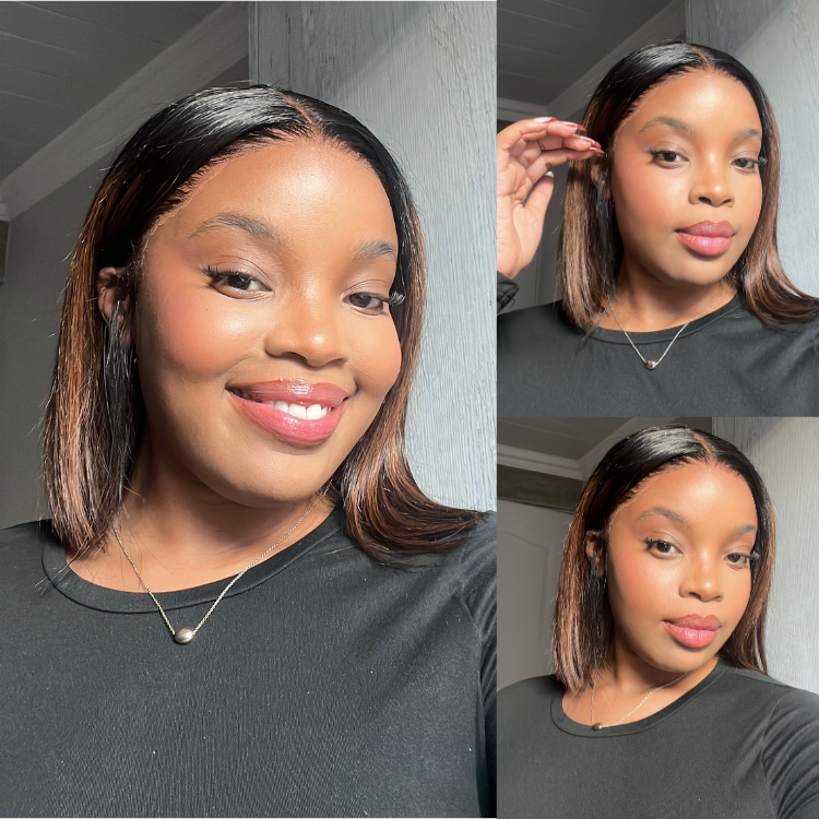 [smatsatsaa]'s Special Link PreMax Wigs | Brown Highlight Silky Blunt Cut Bob Glueless Lace Wig With Pre-Bleached Pre-Plucked Pre-Cut Lace