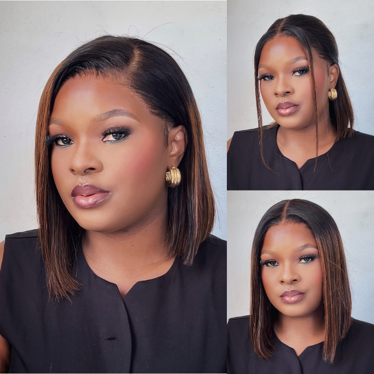 [hlengies]'s Special Link PreMax Wigs | Brown Highlight Silky Blunt Cut Bob Glueless Lace Wig With Pre-Bleached Pre-Plucked Pre-Cut Lace