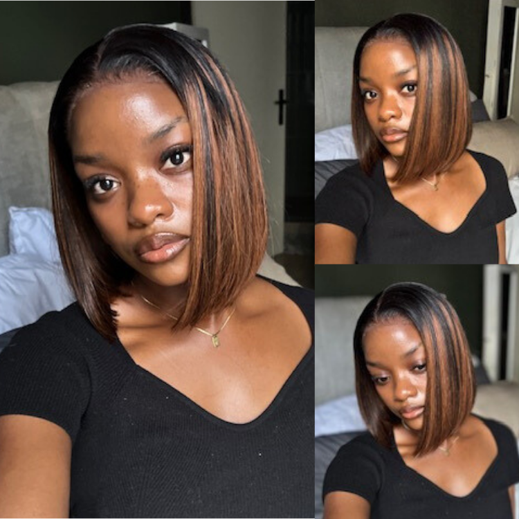 [lusandaaa_m]'s Special Link PreMax Wigs | Brown Highlight Silky Blunt Cut Bob Glueless Lace Wig With Pre-Bleached Pre-Plucked Pre-Cut Lace