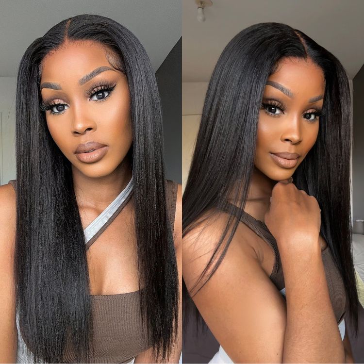 Outlet | Natural Hairline Yaki Straight Glueless 13x4 Frontal Lace Long Wig 100% Human Hair