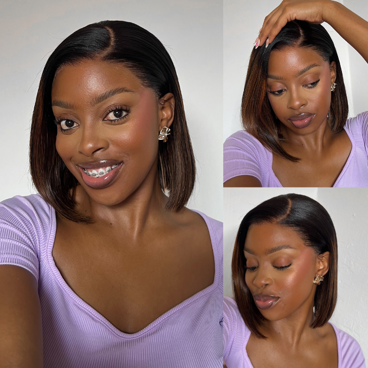 [gugulethumbata]'s Special Link PreMax Wigs | Brown Highlight Silky Blunt Cut Bob Glueless Lace Wig With Pre-Bleached Pre-Plucked Pre-Cut Lace