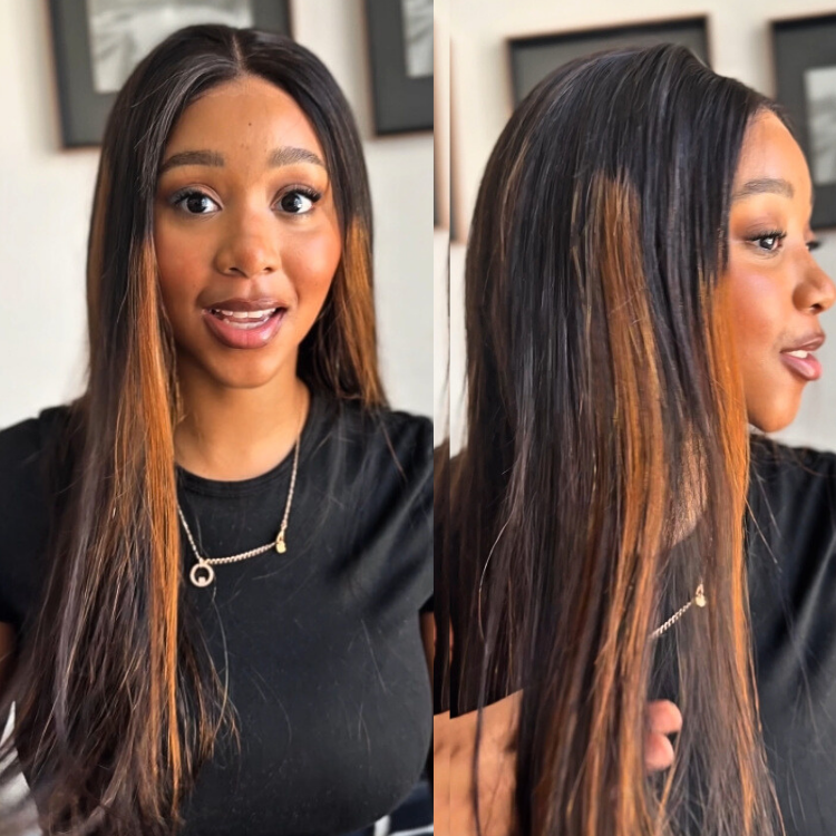 [king.tshe]'s Special Link PreMax Wigs | Ultra Natural Hairline Brown Highlight & Natural Black Silky Straight Glueless 13x4 Frontal Lace Long Wig Pre-Cut Lace