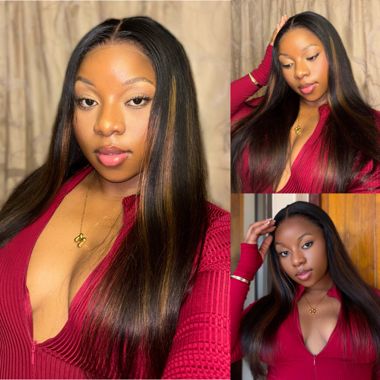 [minnie_mathonsi]'s Special Link PreMax Wigs | Ultra Natural Hairline Brown Highlight & Natural Black Silky Straight Glueless 13x4 Frontal Lace Long Wig Pre-Cut Lace