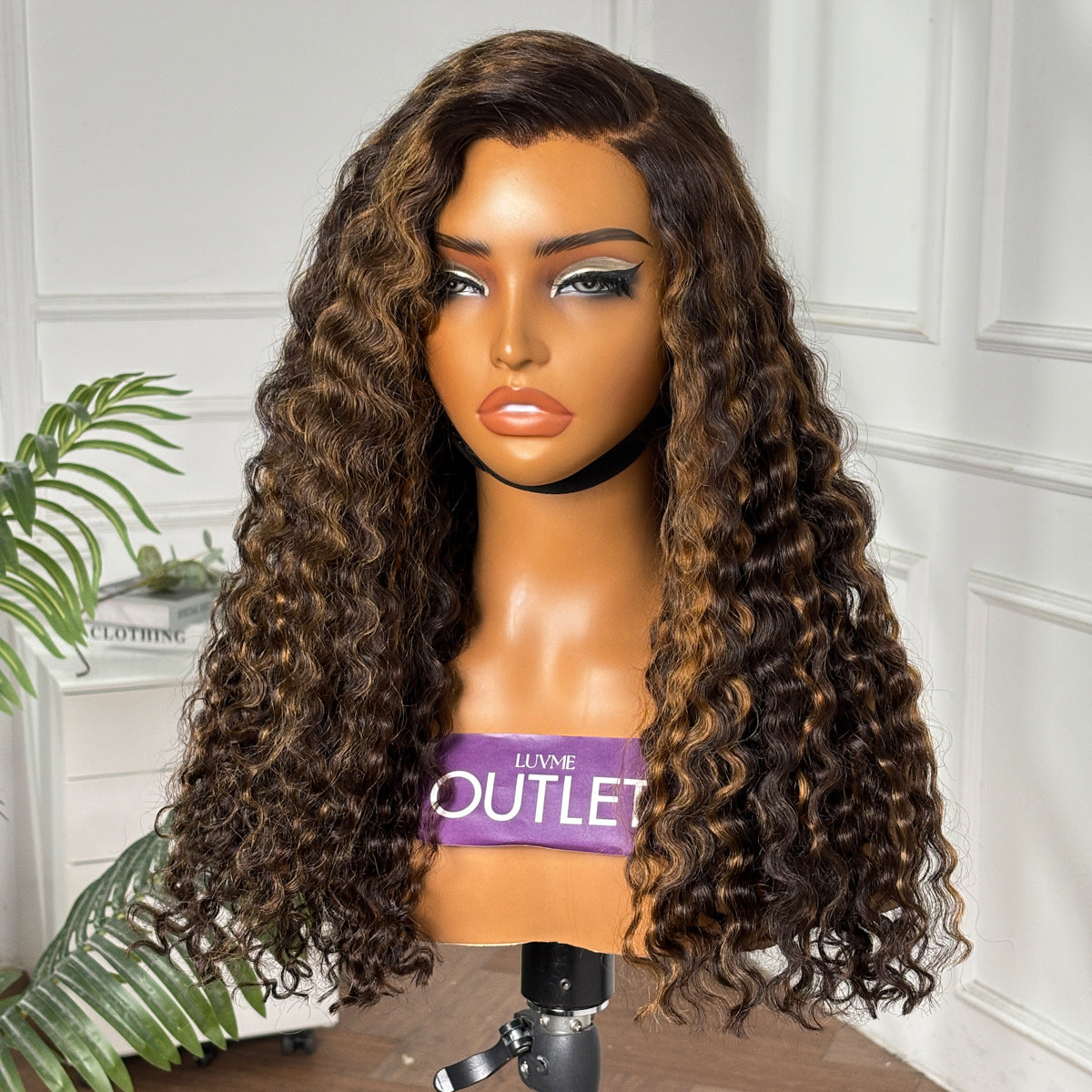 Outlet | Brown Highlight Water Wave Minimalist Lace Wig Pre-cut Lace 100% Human Hair