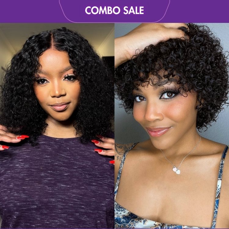 2 For 1 | Deep Curl Bob Glueless 4x4 Closure Lace Wig+Natural Lightweight Bouncy Glueless Wig With Bangs