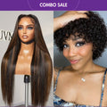 2 For 1 | Brown Highlight Silky Straight Glueless 13x4 Frontal Lace Long Wig+Ultra Natural Lightweight Bouncy Glueless Wig With Bangs