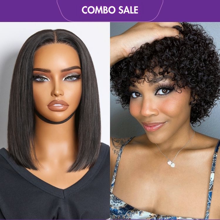 2 For 1 |  Silky Straight Glueless 4x4 Closure Lace Wig Middle Part + Natural Lightweight Bouncy Glueless Wig With Bangs