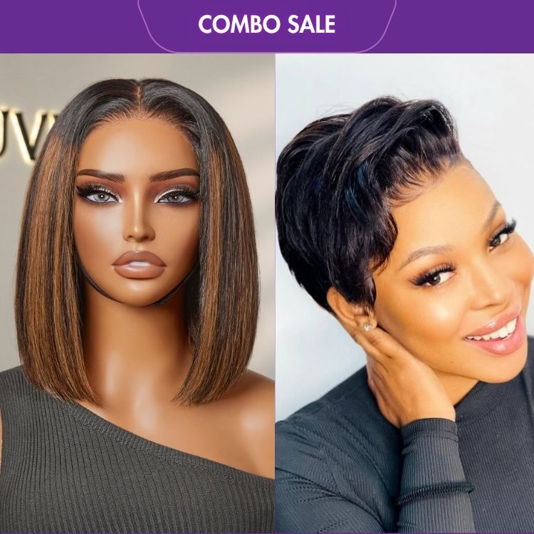 2 For 1 | Super Hot Pixie Cut Glueless HD Lace Wig+Brown Highlight Silky Blunt Cut Bob Glueless Lace Wig