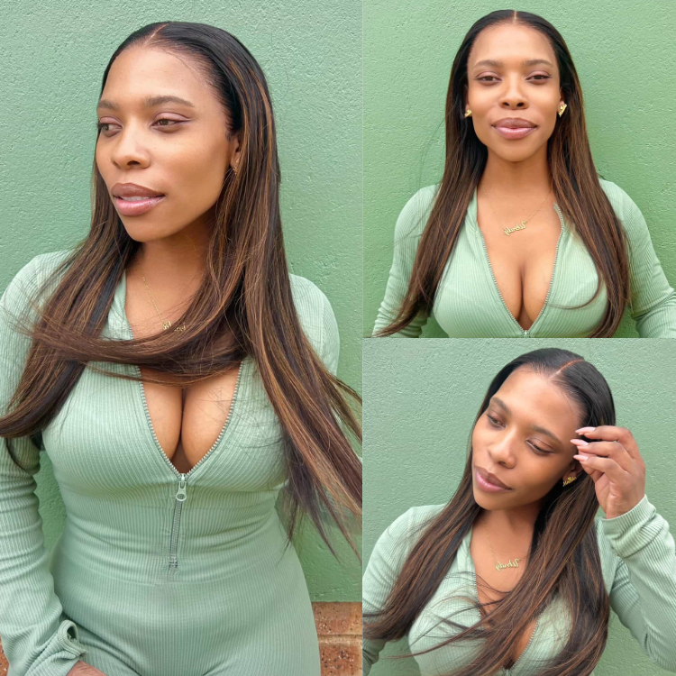 [w.mbatha]'s Special Link PreMax Wigs | Ultra Natural Hairline Brown Highlight & Natural Black Silky Straight Glueless 13x4 Frontal Lace Long Wig Pre-Cut Lace
