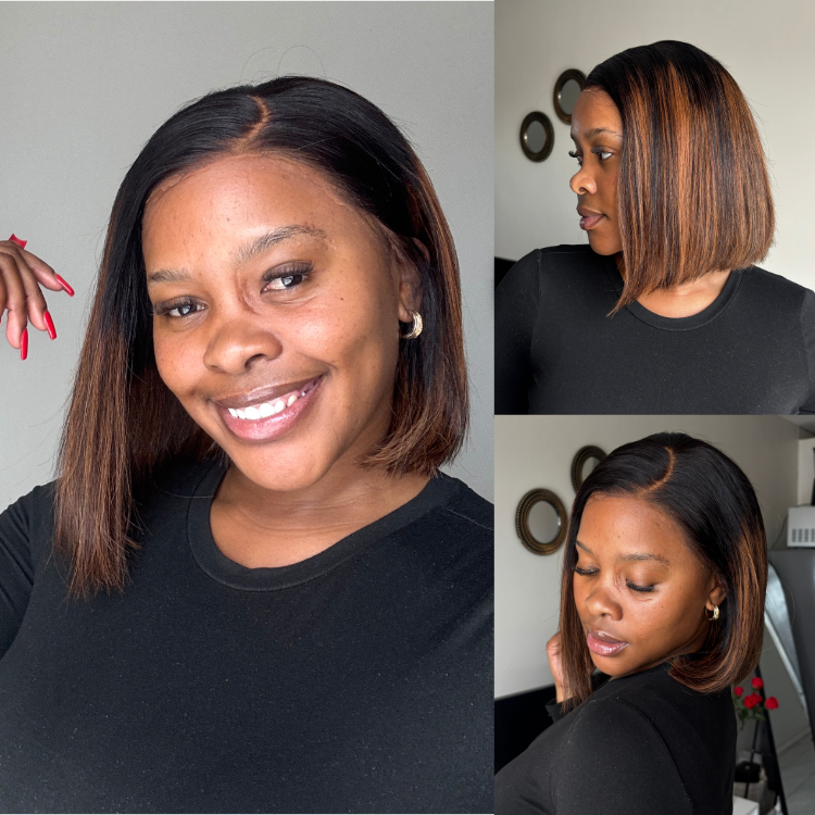 [phiwemgqudu0]'s Special Link PreMax Wigs | Brown Highlight Silky Blunt Cut Bob Glueless Lace Wig With Pre-Bleached Pre-Plucked Pre-Cut Lace