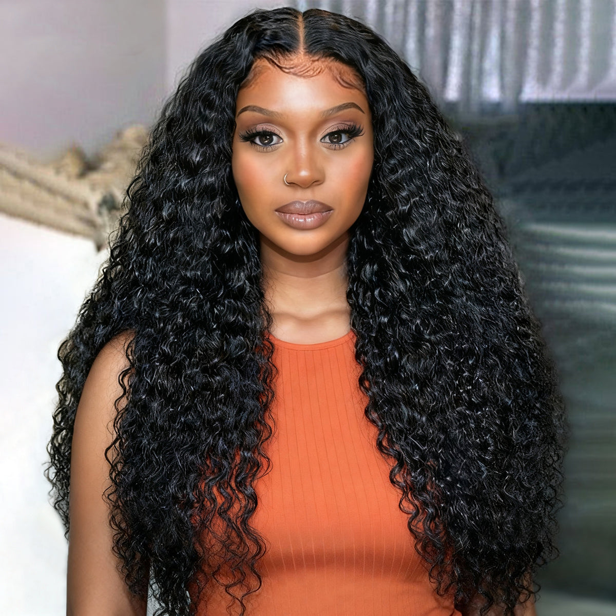 OUTLET | Natural Black Water Wave 13x4 HD Lace Front Free Part Glueless Wig 100% Human Hair