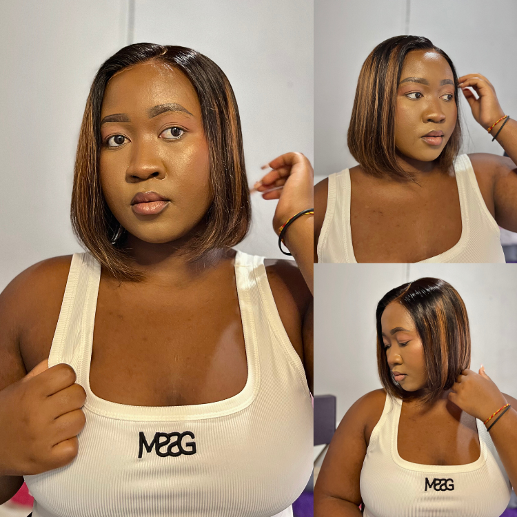 [glorick_h]'s Special Link PreMax Wigs | Brown Highlight Silky Blunt Cut Bob Glueless Lace Wig With Pre-Bleached Pre-Plucked Pre-Cut Lace