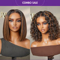 2 For 1 | Highlight Brown Deep Wave 4x4 Closure Lace Wig +Brown Highlight Silky Blunt Cut Bob Glueless Lace Wig