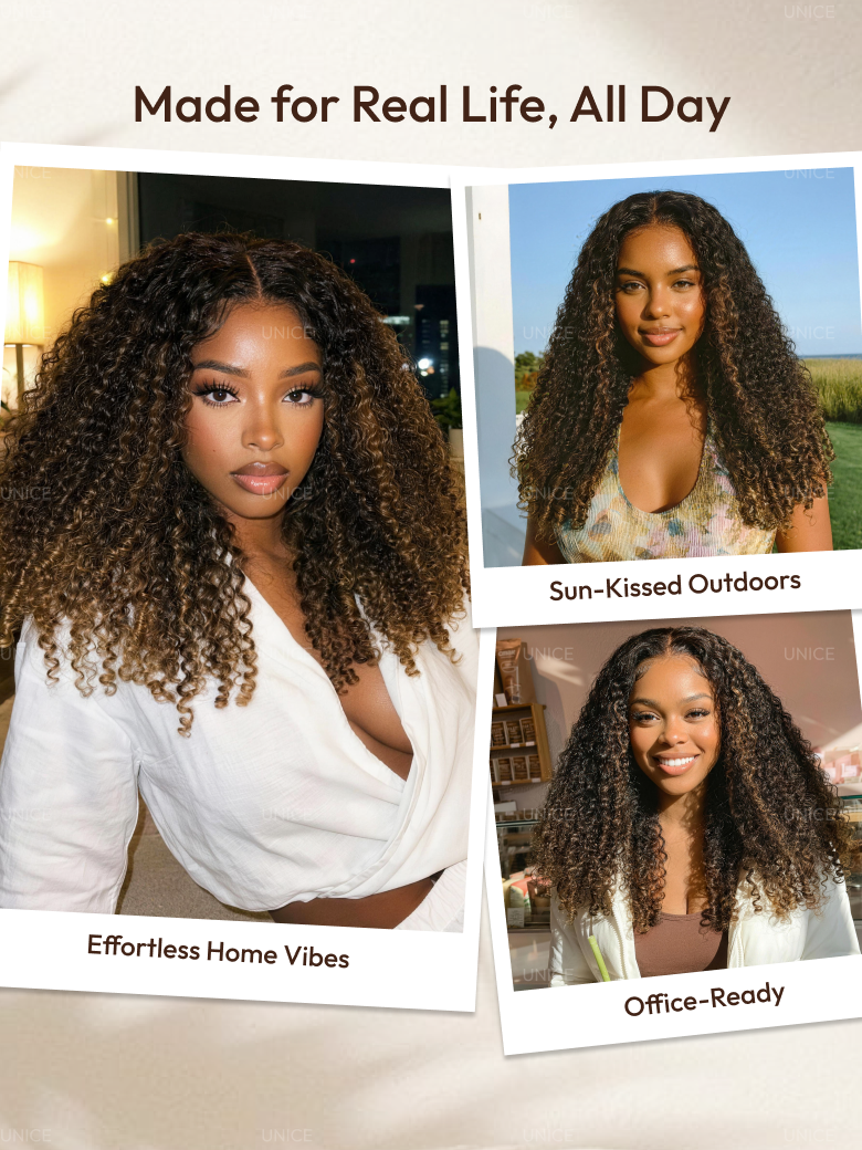 A model displays the UNice EasiContour V Part Black to Chestnut Brown Jerry Curly Drawstring Wig 150%, showing a model with curly hair and a white shirt and jerry curl.