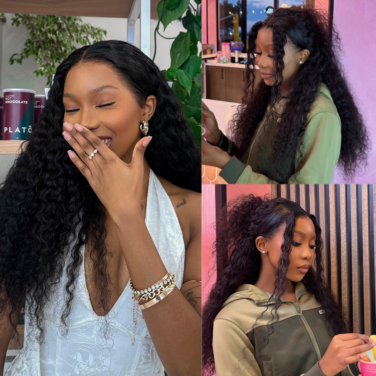 [oceansgrey]'s Special Link PreMax 180% / 220% Density Water Wave Glueless Flexi-Fit Drawstring 13x4 Frontal Lace Fluffy Curly Wig Pre-Cut Lace