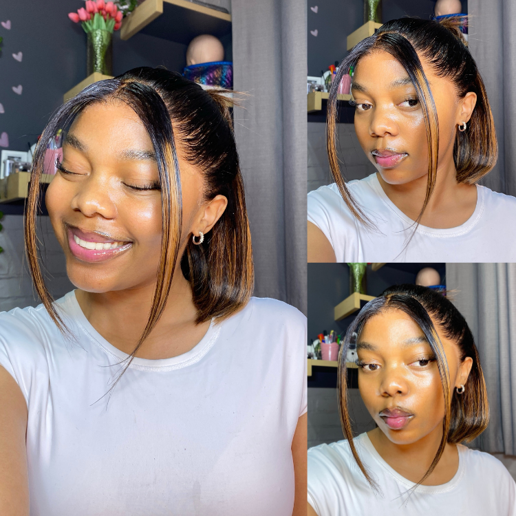 [keara_ohclock]'s Special Link PreMax Wigs | Brown Highlight Silky Blunt Cut Bob Glueless Lace Wig With Pre-Bleached Pre-Plucked Pre-Cut Lace