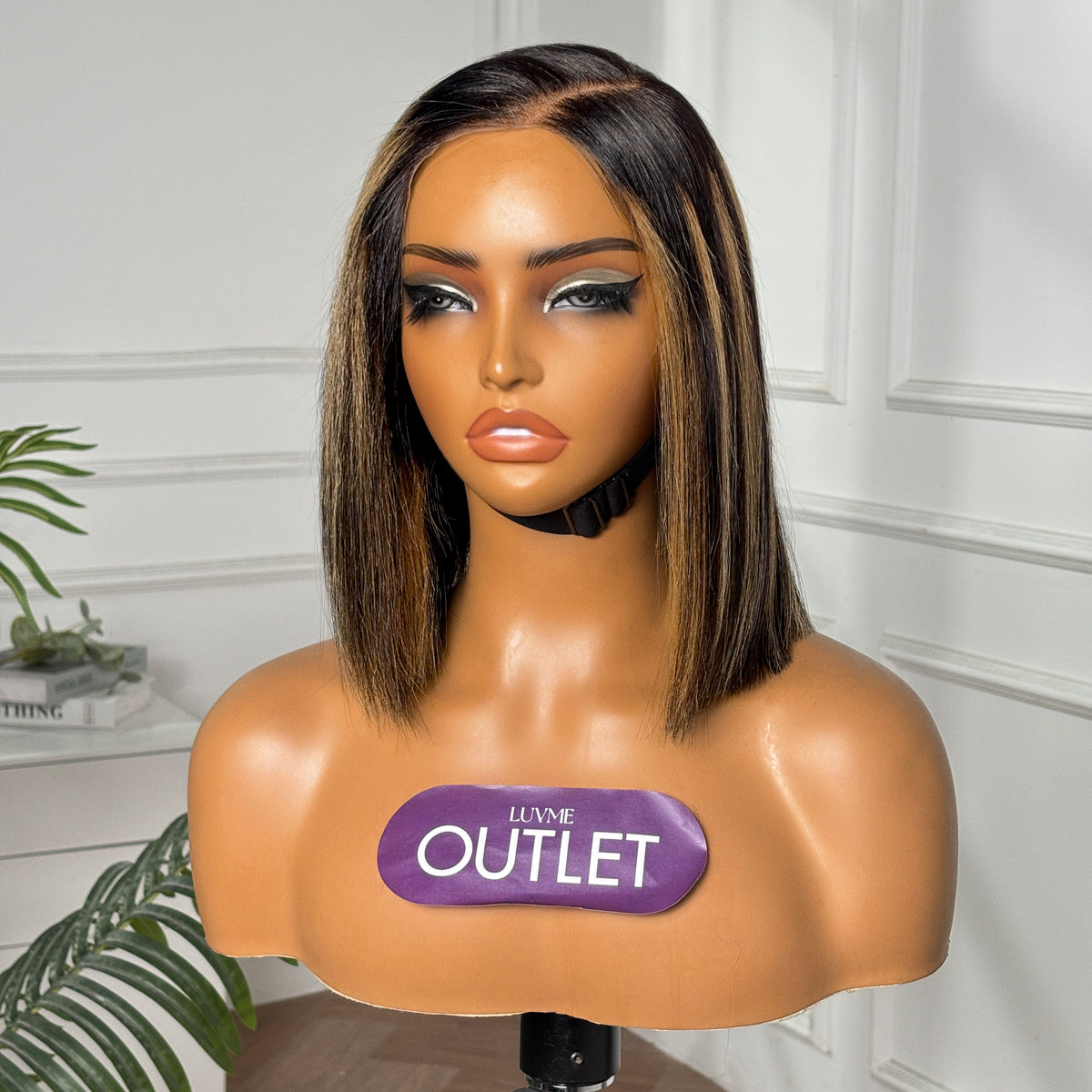 Outlet | Brown Highlight Wide Bob Wig Pre-cut Lace 100% Human Hair