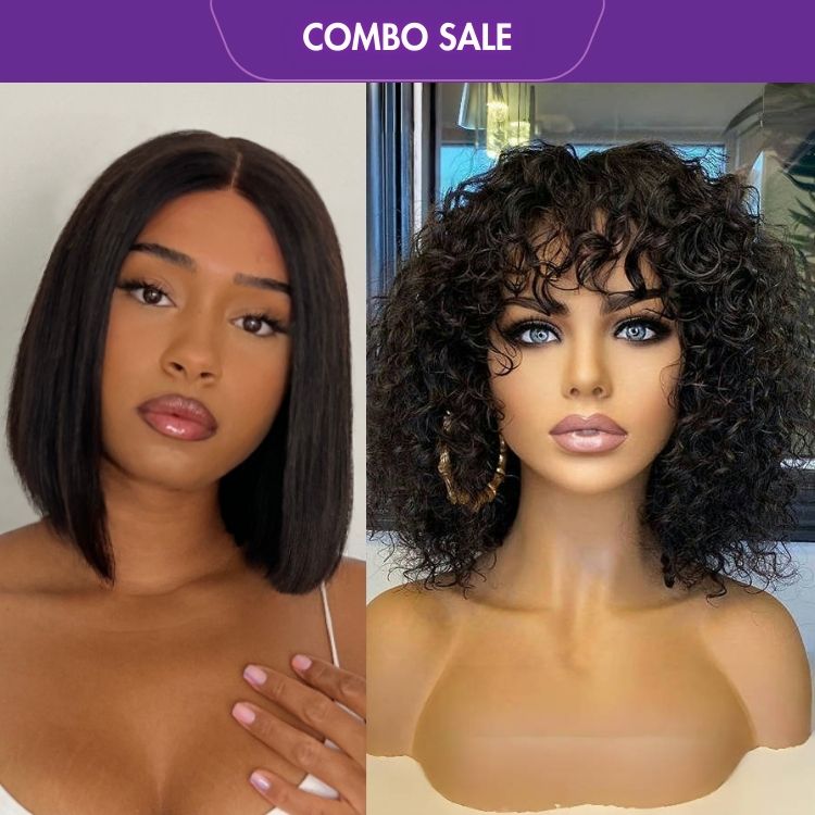 2 For 1 | Water Wave Glueless Short Curly Wig+Glueless Middle Part 4*4 Closure Lace Bob Wig