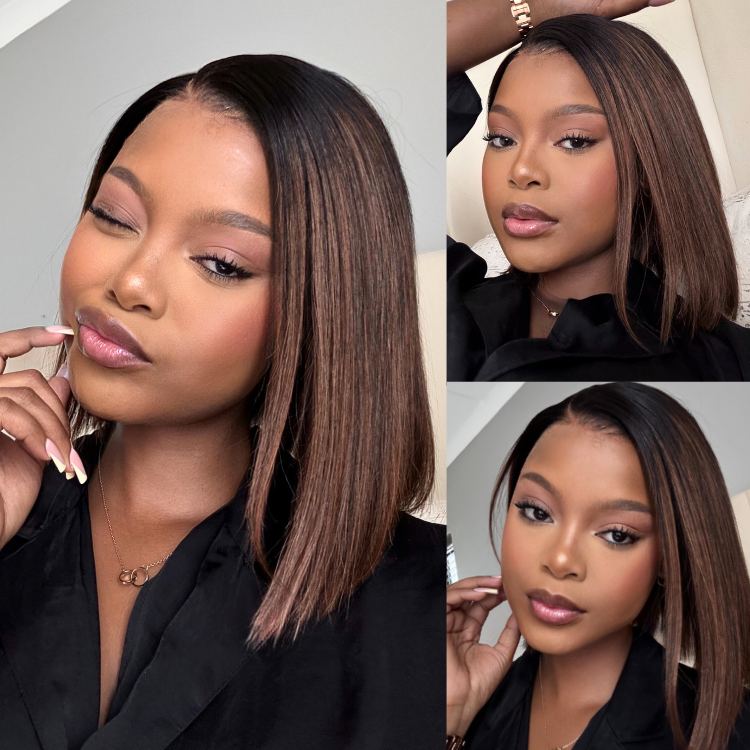 [bigyams]'s Special Link PreMax Wigs | Brown Highlight Silky Blunt Cut Bob Glueless Lace Wig With Pre-Bleached Pre-Plucked Pre-Cut Lace