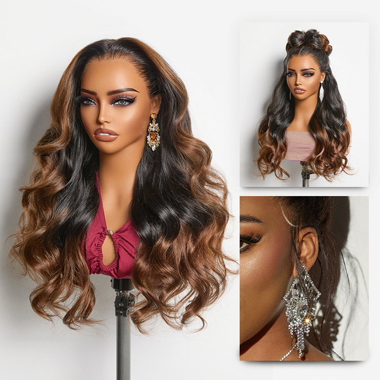 NatureMAX™ 200% Density Glueless 13x4 HD Lace Front Wig Ombre Brown Loose Wave Human Hair Wig Pre-Cut Lace Flexi-Fit Drawstring Cap