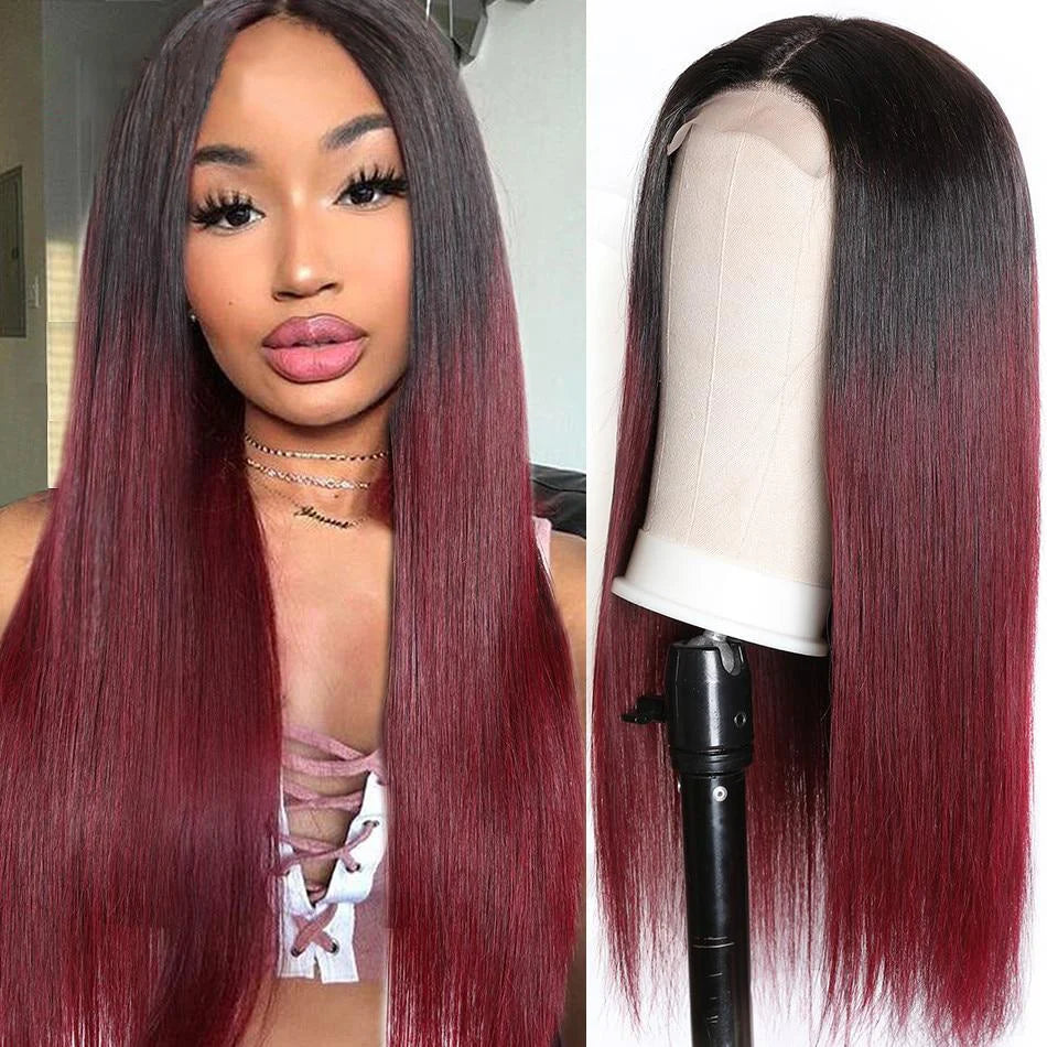 1B/99J Burgundy Red Dark Roots Straight Hair Lace Closure Wig 180% Density