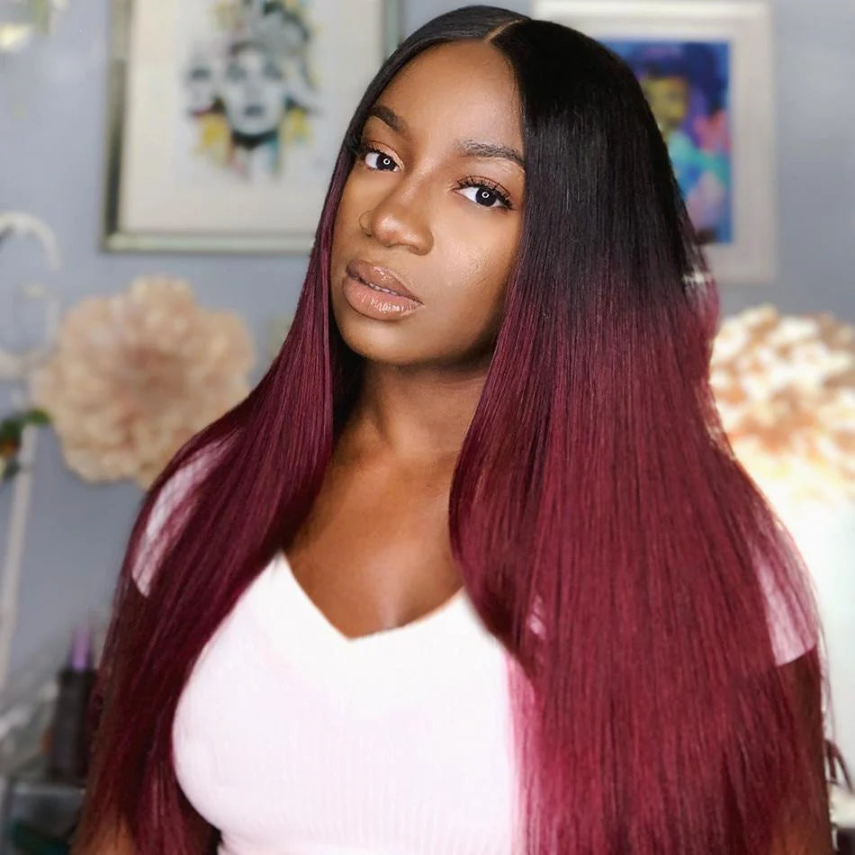 1B/99J Burgundy Red Dark Roots Straight Hair Lace Closure Wig 180% Density